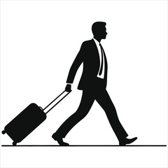Businessman Traveling with Suitcase Silhouette/A stylish silhouette of a businessman walking while pulling a suitcase.