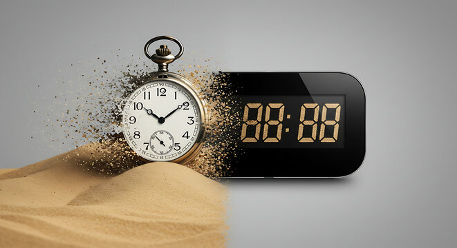Times Passage Pocket Watch and Digital Clock Merging with Sand Effect. - Powered by Adobe