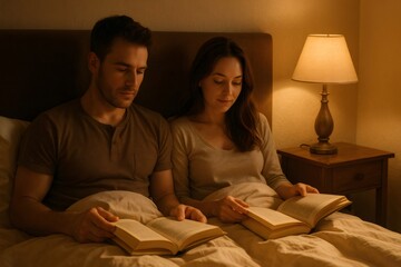 Young couple enjoying some quality time together, reading books in bed under soft lamp light before going to sleep