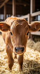 Close-up of brown calf in barn, standing in hay, showcasing soft fur texture and gentle expression, representing innocence and farm life