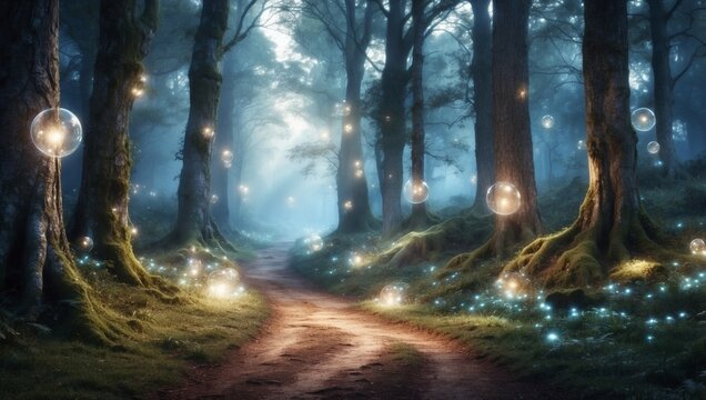 Glowing Orbs Guide the Woodland Trail - Powered by Adobe