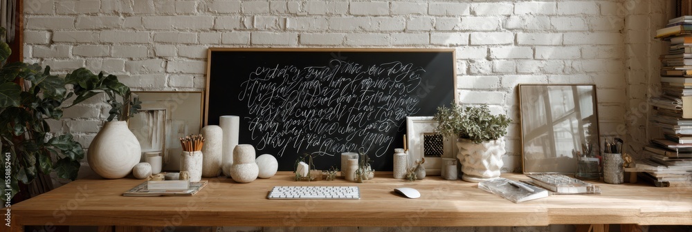 Poster inspiring quote board on a wooden desk in a modern abstract workspace with plants and decor elements