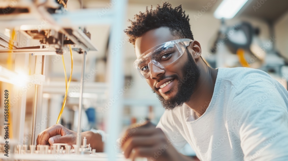 Poster young man working on innovative technology in a robotics lab while smiling and focused on his projec