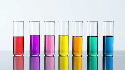 A row of test tubes filled with different colored liquids on a reflective surface.