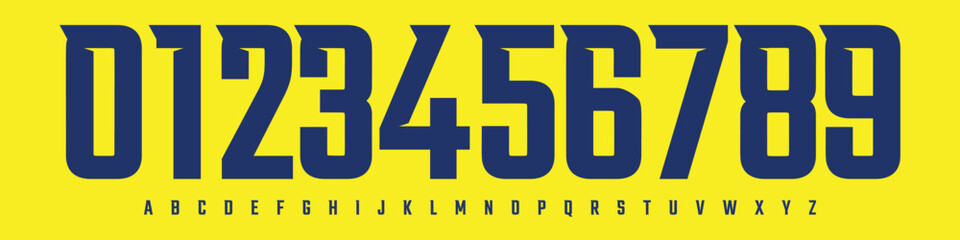 Font Logo Numbers Numeric Alphabet Typography Design Vector Type Typeface. Bold Narrow digits for sports jerseys, school league branding, fan posters, athletic visuals, team identity © artyway