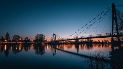 Obraz premium Suspension bridge in twilight, reflections on water, long exposure. Urban serenity meets timeless structure.