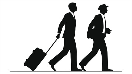 Two businessmen in silhouette, walking with luggage, conveying travel and style./A minimalist black and white silhouette image depicts two men in business attire, walking in opposite directions.