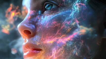 Inner Cosmos: A close-up captures a person with their visage overlaid with an otherworldly, dynamic display of cosmic energy, creating a vivid scene of inner beauty and the vastness of the human mind.