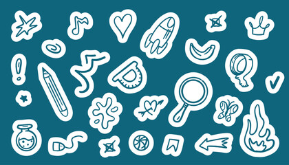 Vector set of school stickers: notebooks, pens, scissors, and paint palettes. Cute doodle style perfect for scrapbooking, journaling, or educational apps. Editable and scalable graphics.