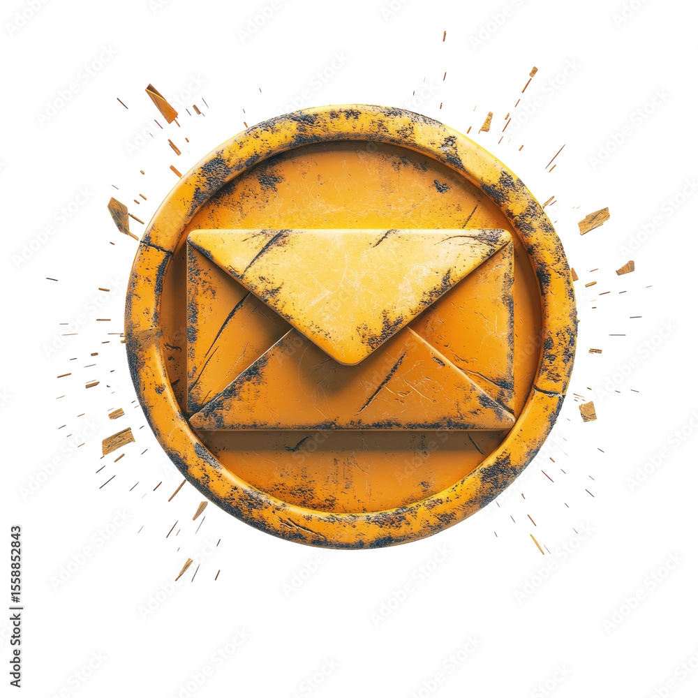 Poster weathered yellow email icon button with grunge texture message on transparent background