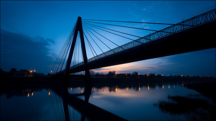 Fototapeta premium Suspension bridge in twilight, reflections on water, long exposure. Urban serenity meets timeless structure.