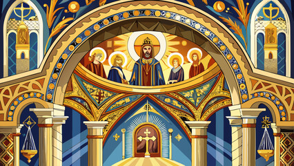Obraz premium Detailed interior arch adorned with Byzantine mosaics—gold leaf backgrounds and holy figures. A shaft of light illuminates ancient script along the dome’s curve.
