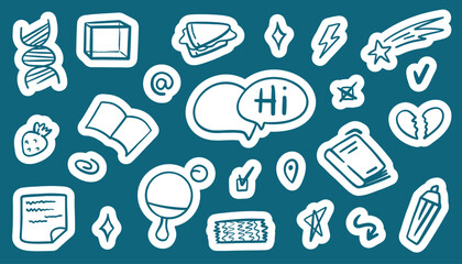 Cute school sticker pack featuring chalk, paper clips, glue sticks, and notebooks. Hand-drawn vector icons in vibrant colors for digital planners, stickers, or learning materials.