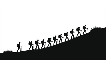 Silhouette of Hikers Climbing a Mountain/A group of hikers, depicted in silhouette, ascend a mountain slope.