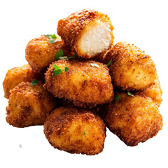 Golden brown crispy fried chicken bites with fresh parsley garnish isolated on transparent background