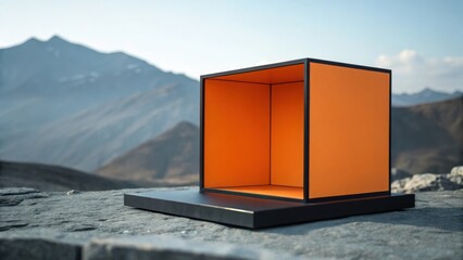 Orange cube structure on a black platform set against a mountain landscape background