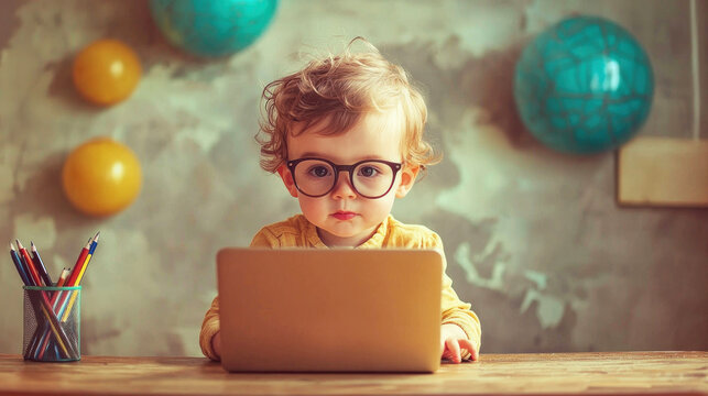 A young child wearing glasses, sitting at a desk with a laptop, surrounded by colorful balloons and a world map on the wall.