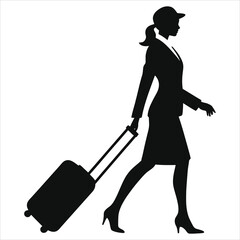 Businesswoman traveling with suitcase silhouette./A professional silhouette of a woman in business attire, walking while pulling a suitcase.