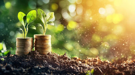 Two green and yellow coins on a pile of dirt with a blurred green background. The concept of financial growth and investment.