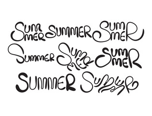  A creative set of handwritten “Summer” lettering designs in multiple unique styles, showcasing playful, bold, and expressive typography in black on a white background.