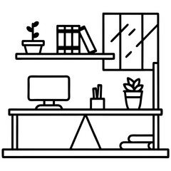 Minimalist vector of a desk with a computer, shelves, books, and plants. Cozy and organized.