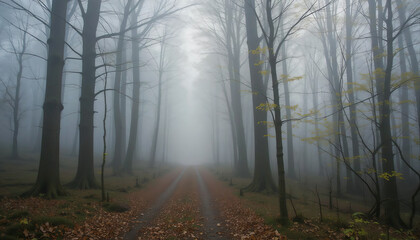 Obraz premium Misty forest path lined with bare trees and scattered autumn leaves