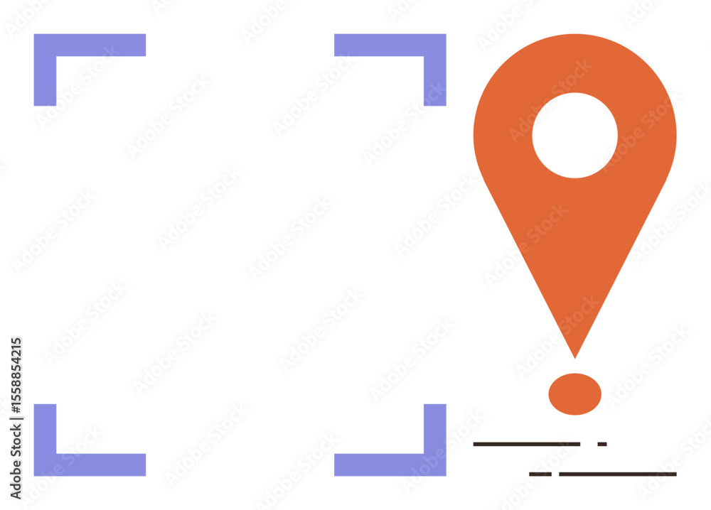 Poster orange map pin with exclamation mark shape, surrounded by purple brackets and minimal lines. ideal f