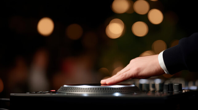 Hand adjusting knobs on DJ controller with blurred warm bokeh lights in background creating lively atmosphere
