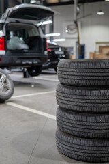 Changing tires for a car according to the season. 