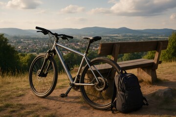 Naklejka premium Cyclist taking a break on a bench with their mountain bike and backpack, enjoying a beautiful view of the valley below