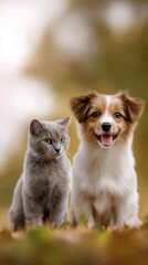 Obraz premium Dog looks happy next to cat in warm outdoor setting with blurred background. Colors create welcoming atmosphere for pet care businesses. Concept of veterinary clinic, animal services, pet supply