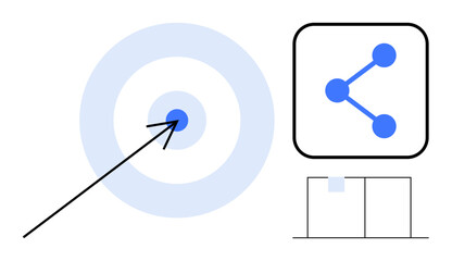 Arrow hitting target symbolizes precision share icon represents connectivity. Minimalist analysis panel conveys strategy. Ideal for teamwork, planning, growth, communication, focus, innovation