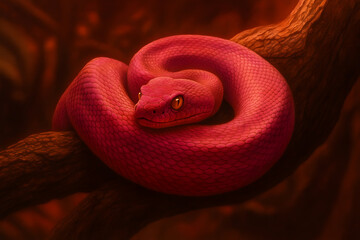 Fototapeta premium Vibrant Pink Snake Coiled on a Tree Branch for Exotic Reptile and Wildlife Photography
