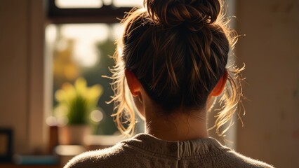 Casual Messy Hair Bun Close-Up, Back of Head Detail with Loose Strands