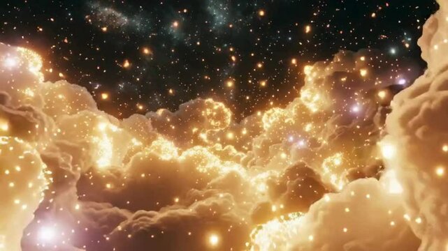 A breathtaking view of luminous clouds illuminated by soft golden light, creating a celestial atmosphere filled with sparkling stars. Perfect for nature and landscape themes.