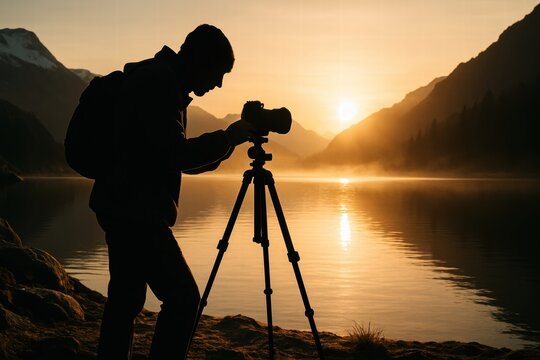 Silhouette of a photographer adjusting his camera on a tripod by a serene mountain lake at sunrise, capturing the tranquil beauty of nature in golden morning light.

