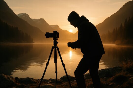 Silhouette of a photographer adjusting his camera on a tripod by a serene mountain lake at sunrise, capturing the tranquil beauty of nature in golden morning light.

