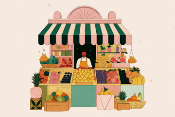 Colorful stalls filled with an array of fruits attract bustling shoppers eager to explore the local market on a sunny day