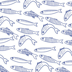 Seamless pattern with hand drawn sardine. Mediterranean vintage background. Nautical food print. Marine coastal wallpaper for wrapping paper, fabric and decor.