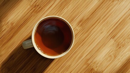 Obraz premium A cup of tea on a wooden table in flat lay style, top view. Light brown bamboo wood background with small shadows under the mug, perfect for product presentation and promotional materials.
