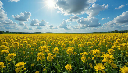 Vast field of yellow flowers under a bright sunny sky