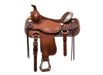 Western style leather horse saddle with stirrups isolated on transparent background