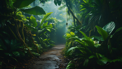 Mysterious jungle path bathed in ethereal light with lush green foliage
