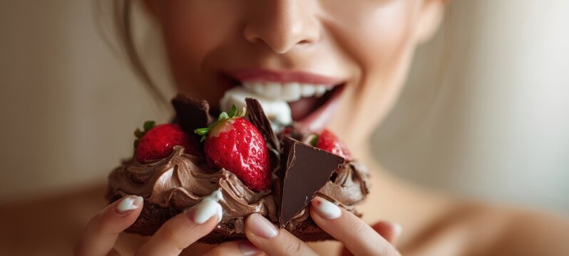 The woman enjoying a delectable chocolate dessert with fresh strawberries and cream.