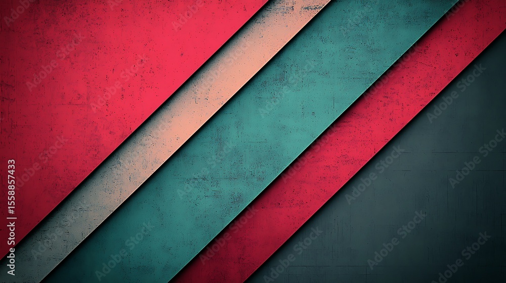Poster abstract geometric background with textured diagonal stripes in red and teal on a dark surface.
