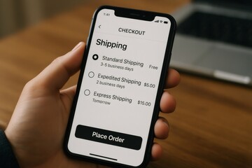 Hand holding a smartphone, showcasing various shipping options while navigating the online checkout process for an e commerce purchase