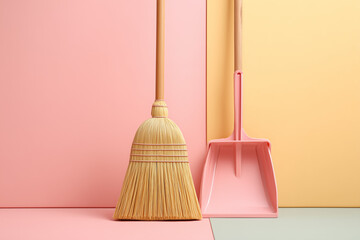Isolated shot of a broom and dustpan on a pastel-colored background 