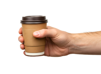 Man s hand holding a disposable coffee cup with lid and sleeve isolated on transparent background