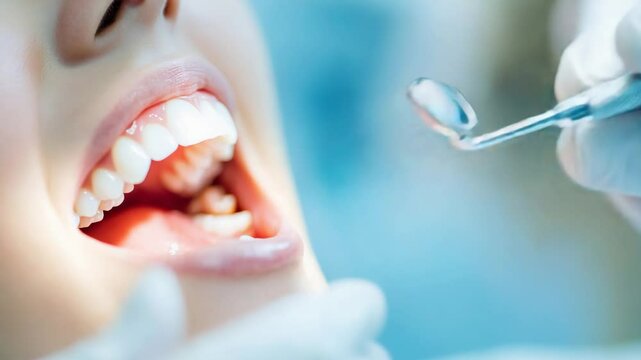Closeup of dental checkup with dental tool and healthy smile in dentist's office