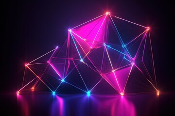 Abstract geometric structure illuminated with vibrant neon lights in a dark space setting